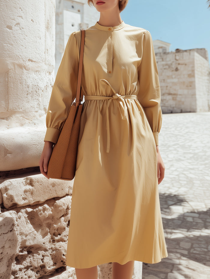 Mandarin-Collar Tie-Waist Midi Dress