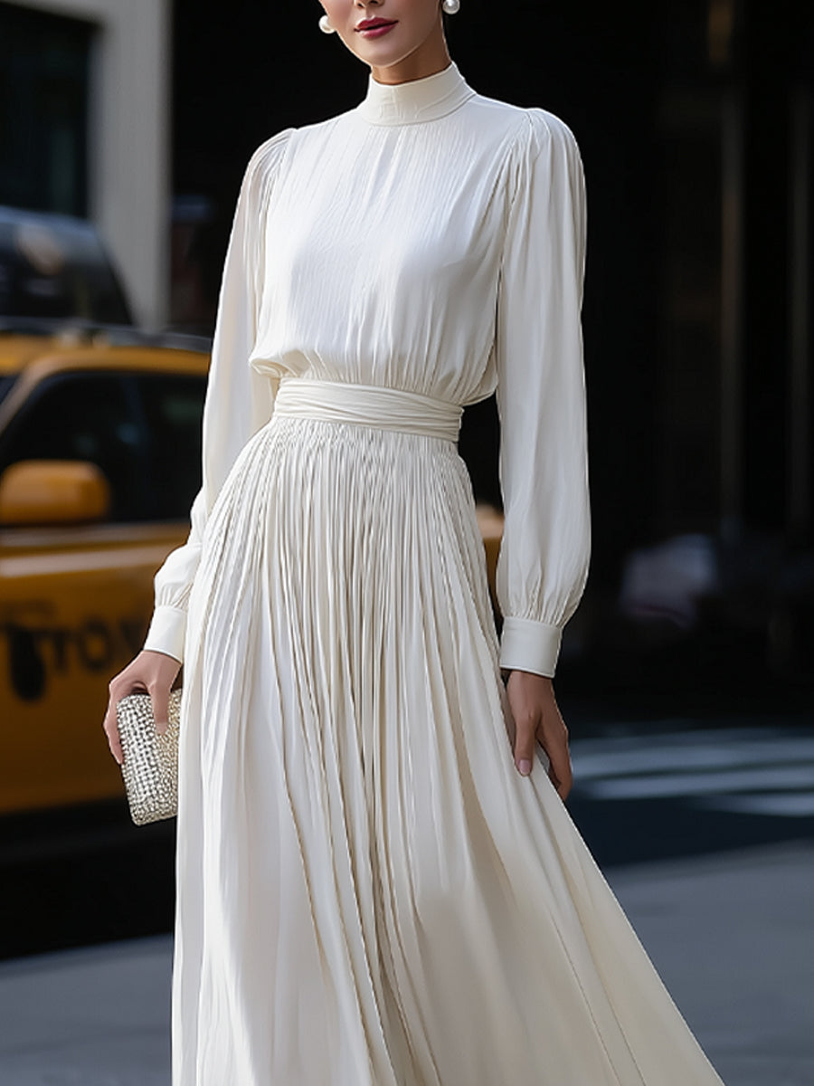 Ivory Pleated Maxi Dress With High Neckline