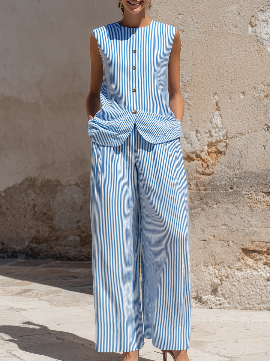 Striped Sleeveless Button-Front Wide-Leg Set