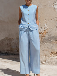Striped Sleeveless Button-Front Wide-Leg Set