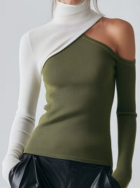 Asymmetric Two-Tone Cutout Ribbed Knit Top