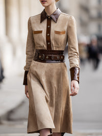 Two-Tone Suede And Leather Belted Shirt Dress