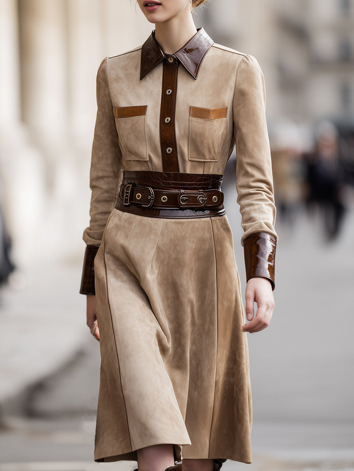 Two-Tone Suede And Leather Belted Shirt Dress