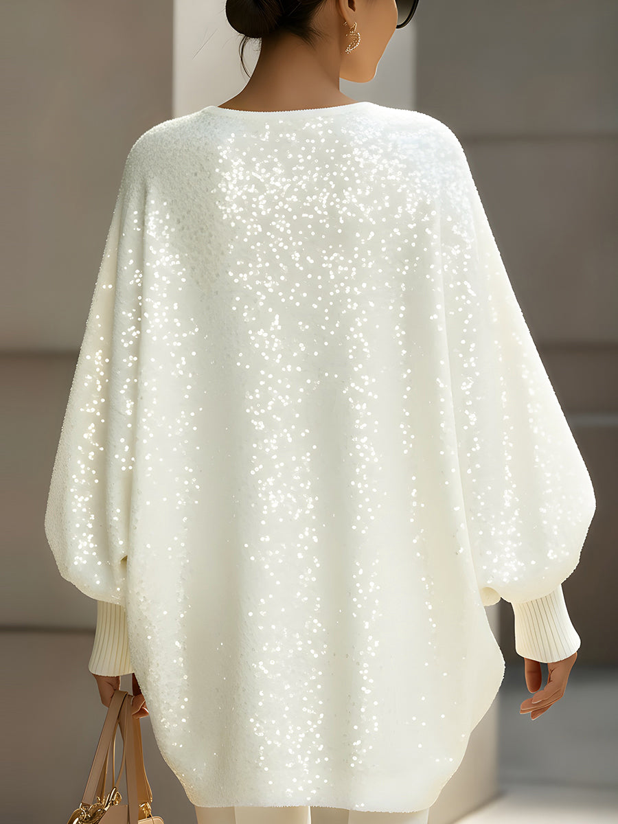 Ivory Sequin Oversized Knit Sweater