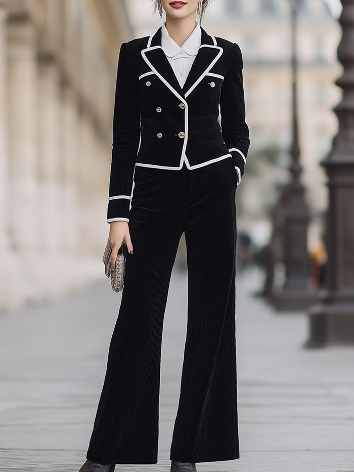 Double-Breasted Corduroy Trouser Suit With White Piping