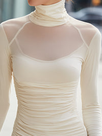 Ivory Mesh-Yoke Ruched Turtleneck Top