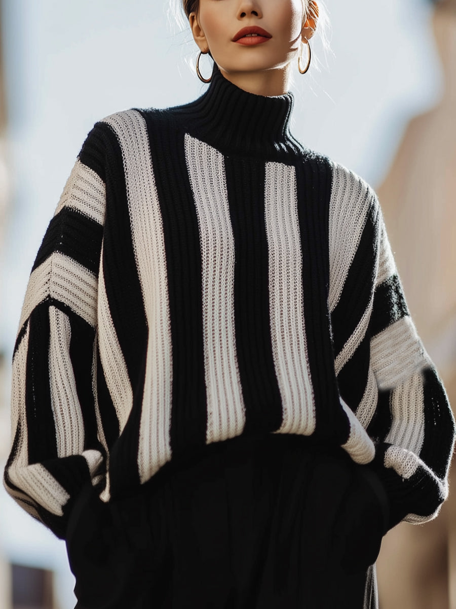 Black And White Striped Ribbed Turtleneck Sweater