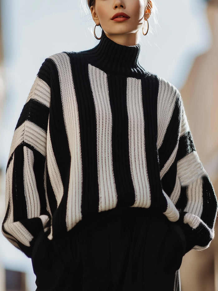 Black And White Striped Ribbed Turtleneck Sweater