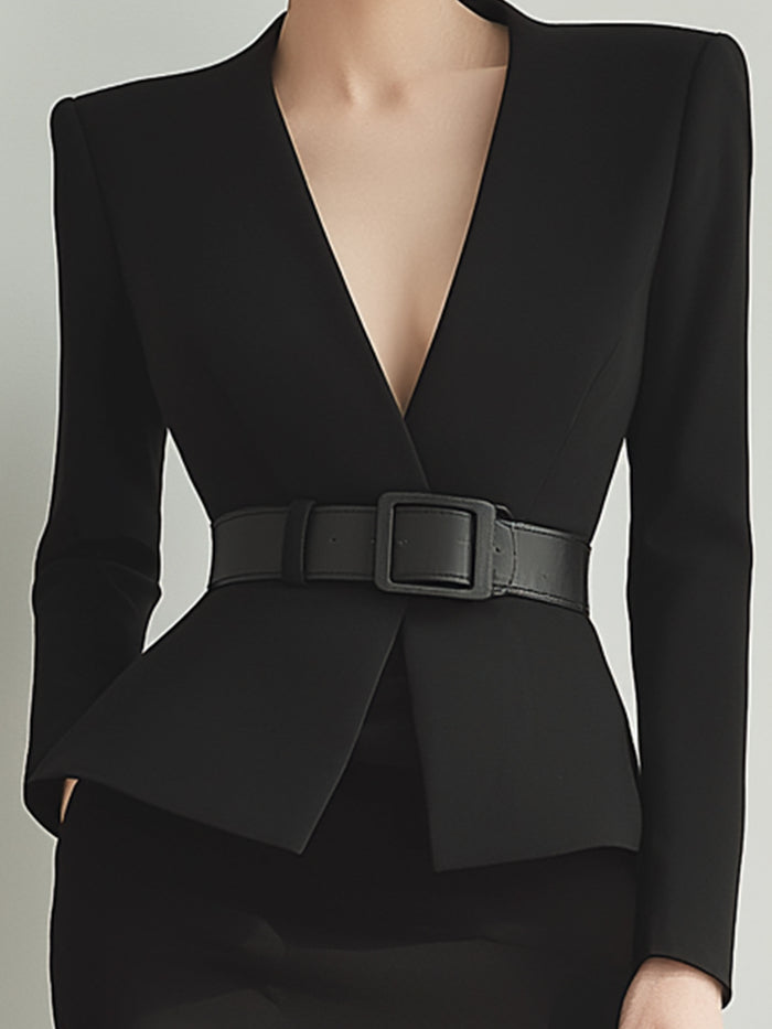 Black Belted Blazer With Tulle Mermaid Skirt Gown