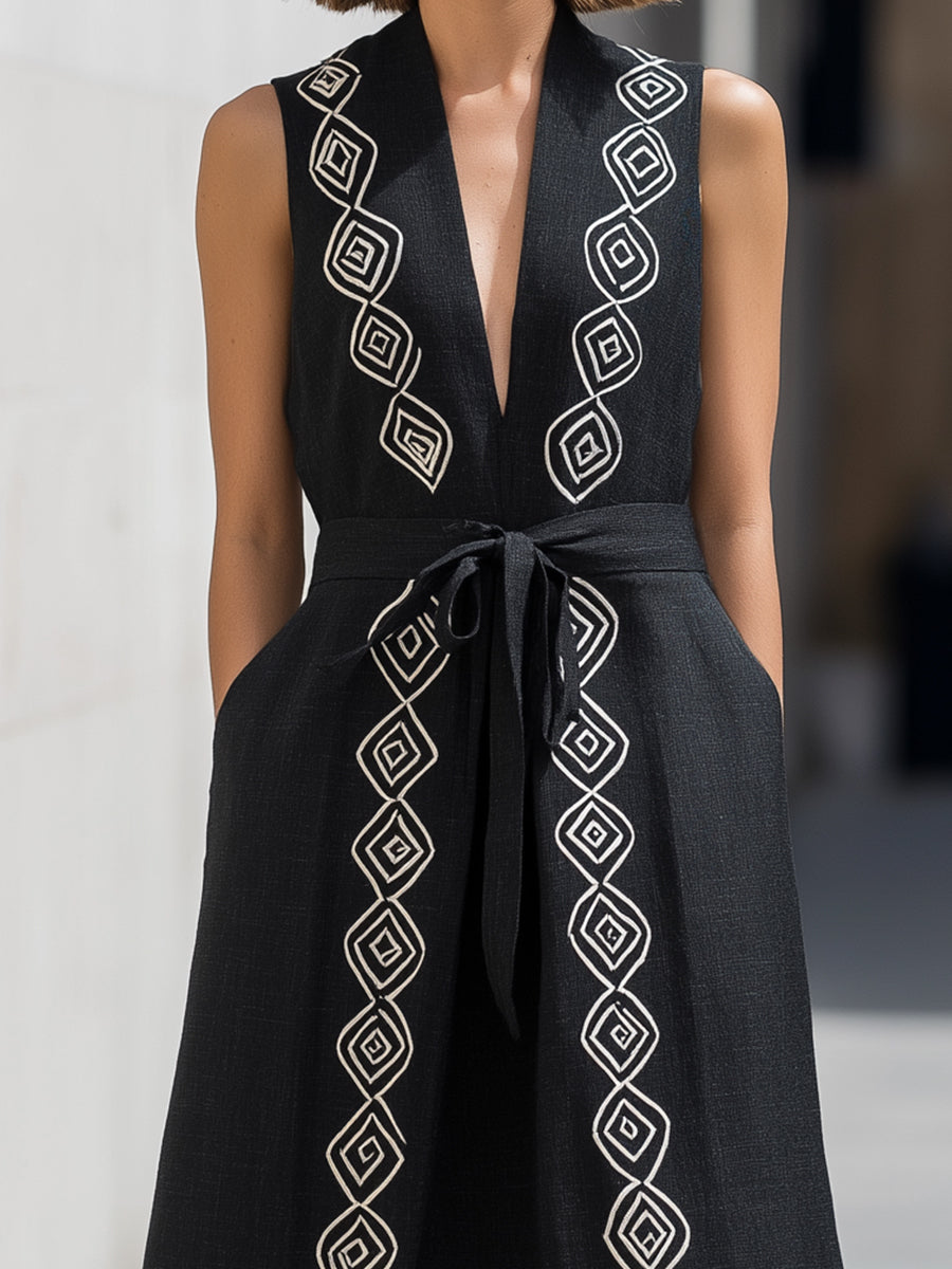 Embroidered Deep V Lapel Tie-Waist Midi Dress