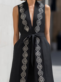 Embroidered Deep V Lapel Tie-Waist Midi Dress