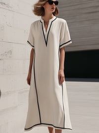 Piped Split V-Neck Band-Collar Midi Shift Dress