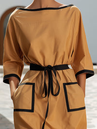 Camel Midi Dress With Black Contrast Trim And Drawstring Waist