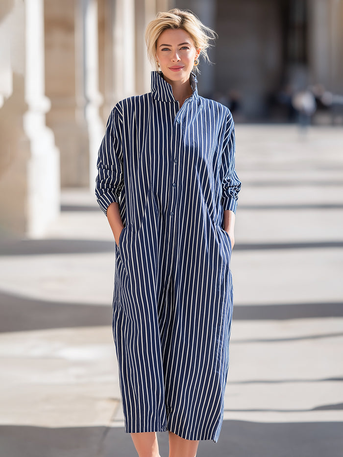 Vertical Stripe Stand-Collar Shirt Midi Dress