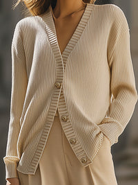 Beige Ribbed Knit Cardigan And Wide-Leg Pants Set