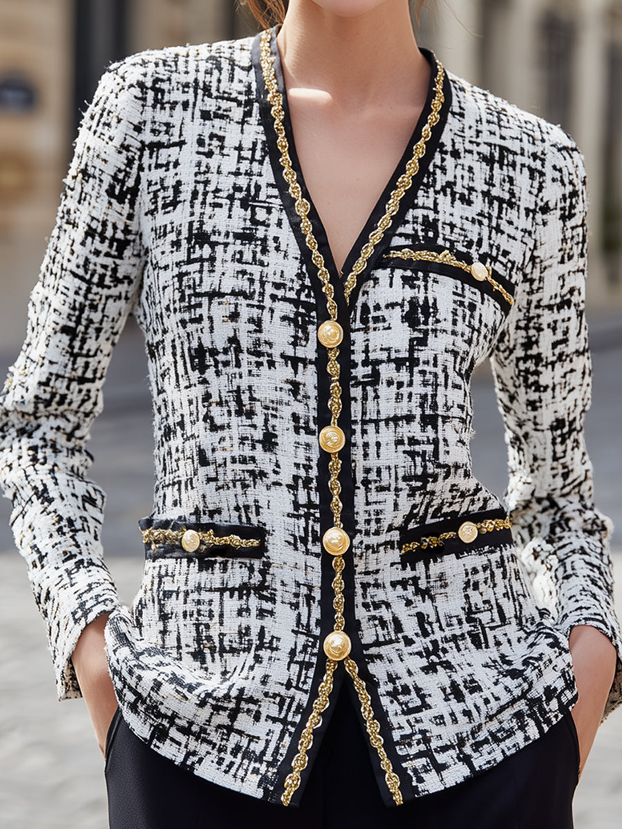 Black & White Tweed Blazer With Gold Trim