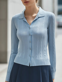 Ribbed Knit Button-Front Collared Cardigan Top