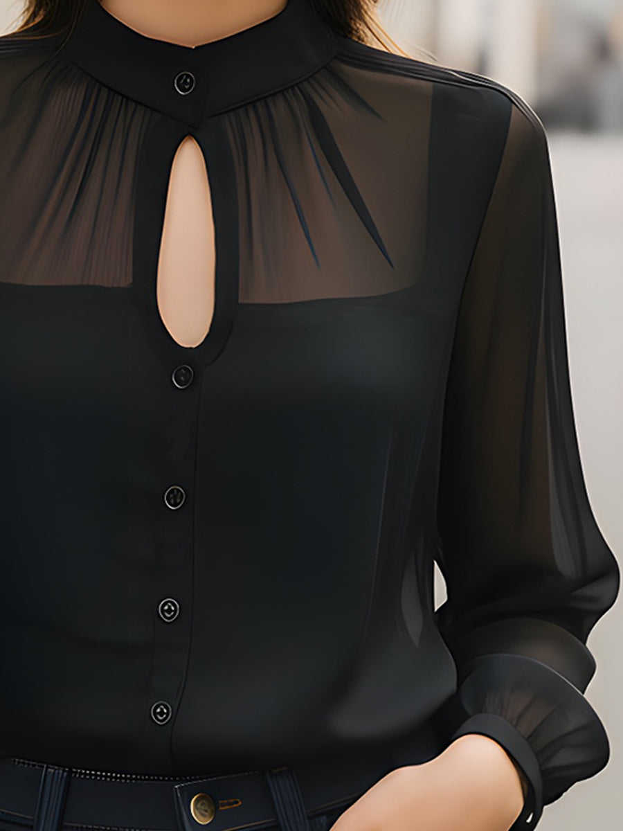 Midnight Keyhole Sheer-Yoke Button Blouse