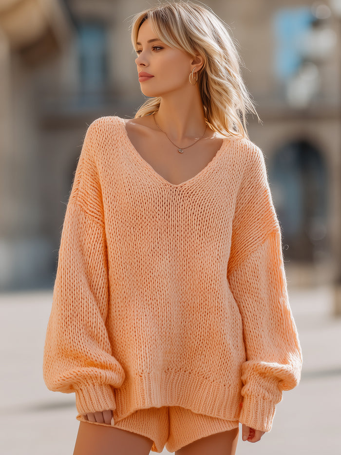 Peach Knit Lounge Sweater & Shorts Set