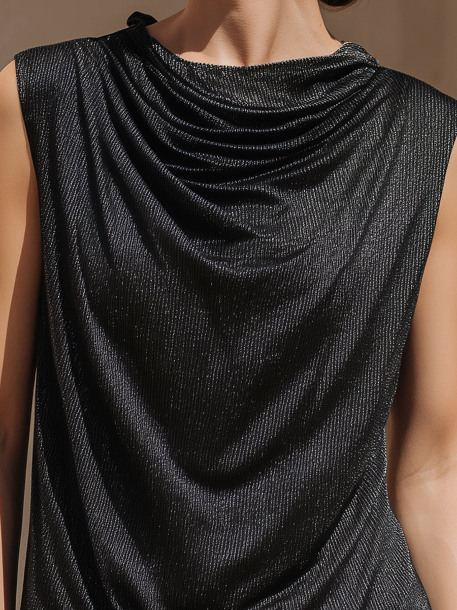 Draped High-Neck Sleeveless Metallic Texture Top