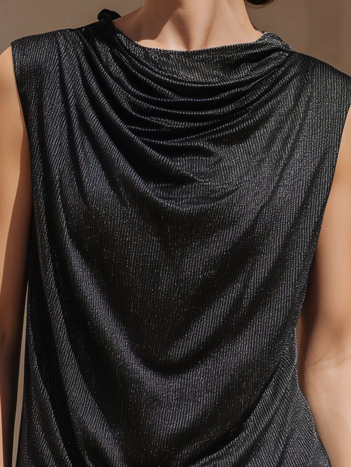 Draped High-Neck Sleeveless Metallic Texture Top