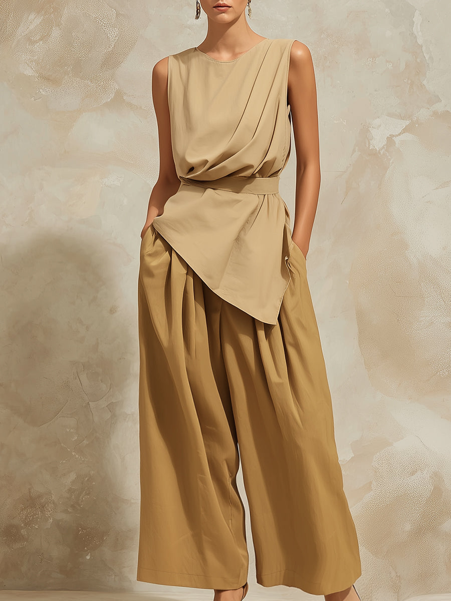 Elegant Draped Asymmetrical Top + Wide-Leg Pants Two-Piece Set