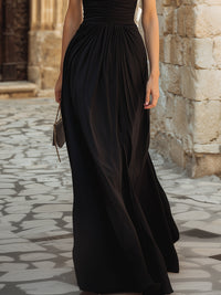 High-Neck Ruched Waist Flowing Maxi Dress