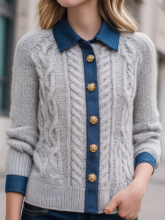 Cable Knit Cardigan With Denim Trim And Gold Statement Buttons