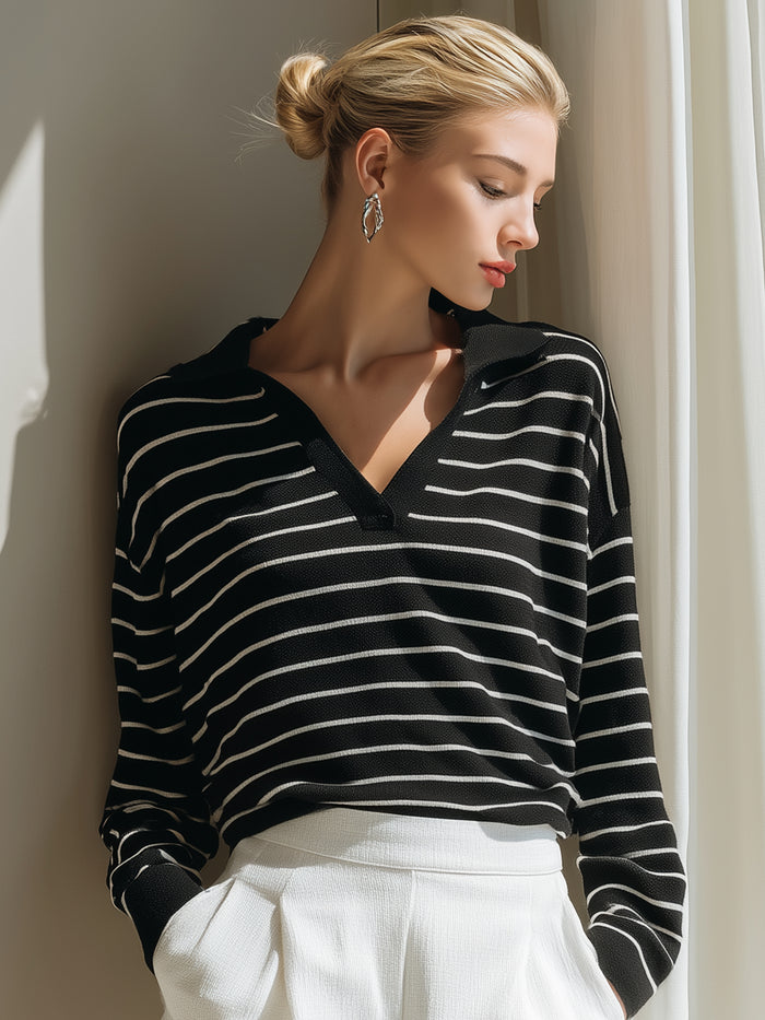 Striped V-Neck Knit Top With Relaxed Silhouette