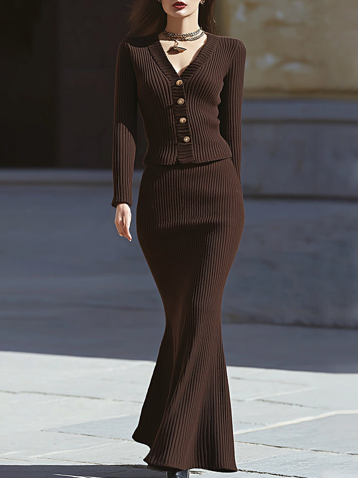 Chocolate Brown Ribbed Knit Maxi Skirt Set