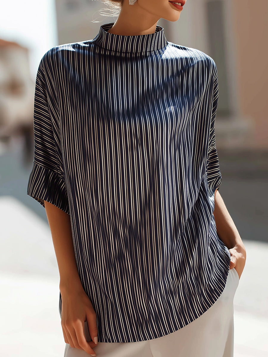 Striped Mock Neck Relaxed Short Sleeve Top