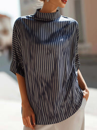 Striped Mock Neck Relaxed Short Sleeve Top