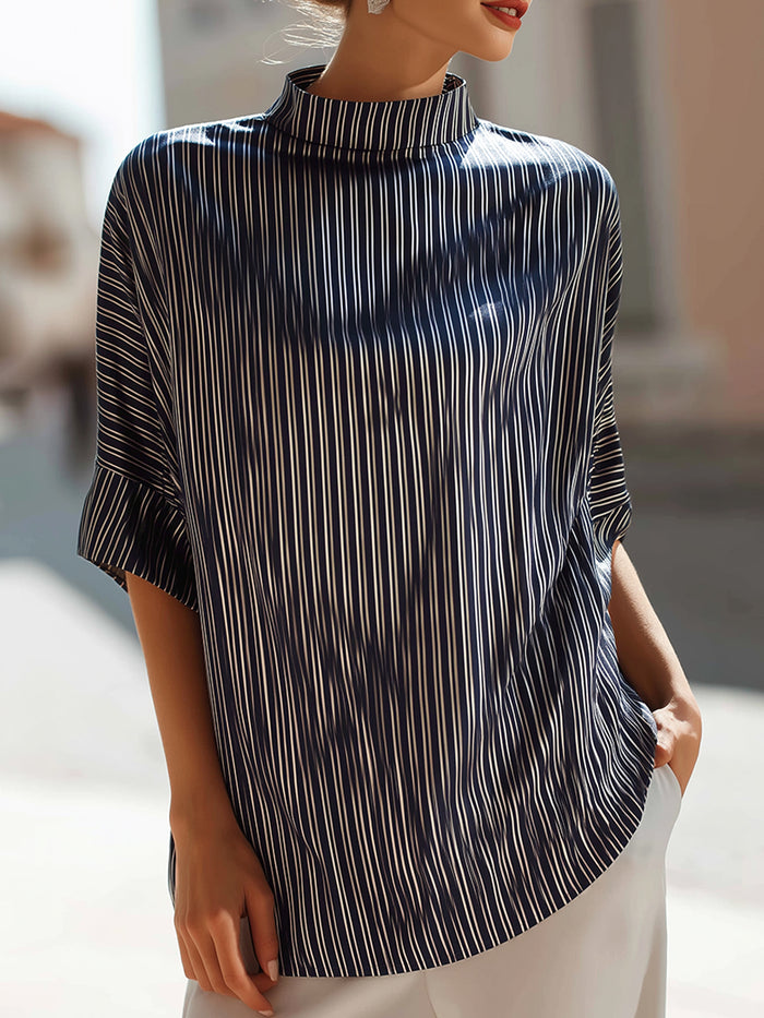 Striped Mock Neck Relaxed Short Sleeve Top
