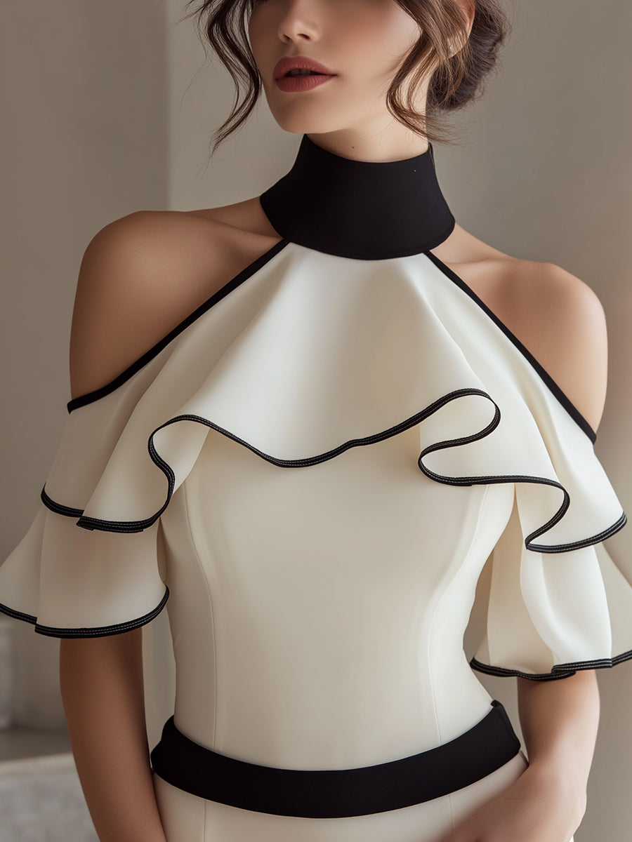 Cold-Shoulder Halter Top With Layered Ruffle And Contrast Trim