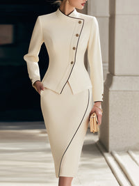 Asymmetric Buttoned Cream Skirt Suit With Contrast Piping