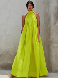 Pleated Halter Neck Flowing Maxi Dress
