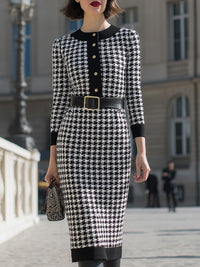 Houndstooth Knit Midi Dress With Gold Button Detail