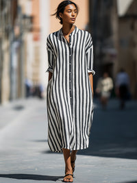 Vertical Stripe Relaxed Button-Front Midi Shirt Dress