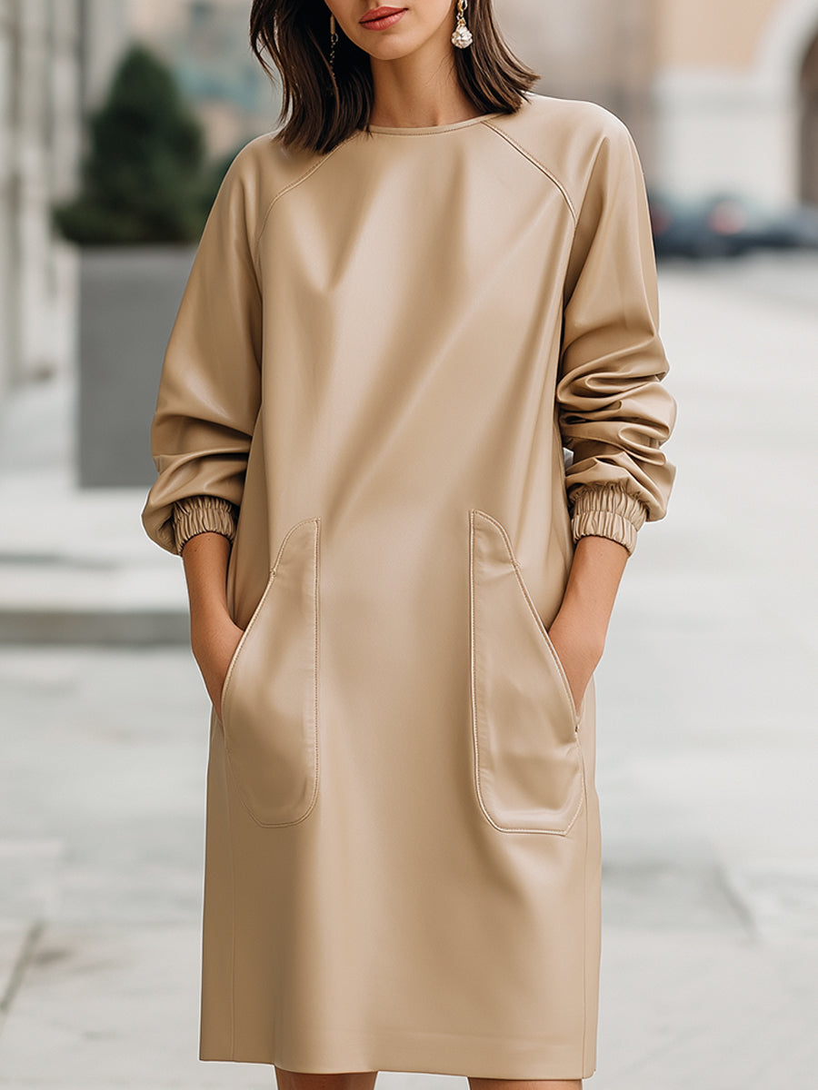 Sand Faux Leather Pocket Dress