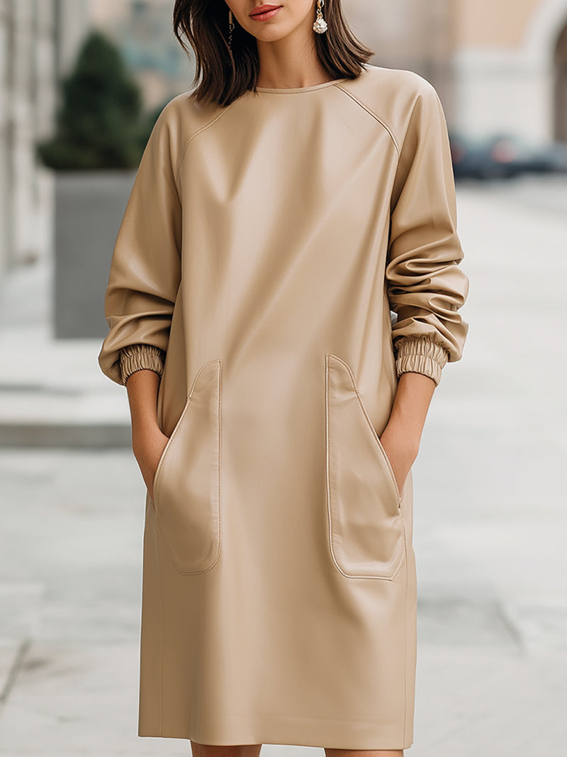 Sand Faux Leather Pocket Dress