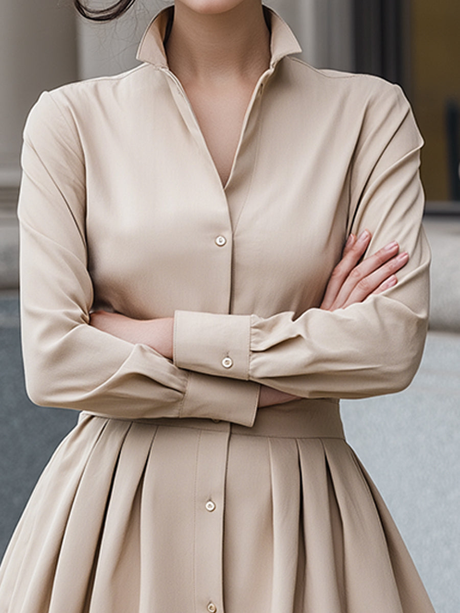 Beige Button-Front Shirt Dress With Pleated A-Line Skirt