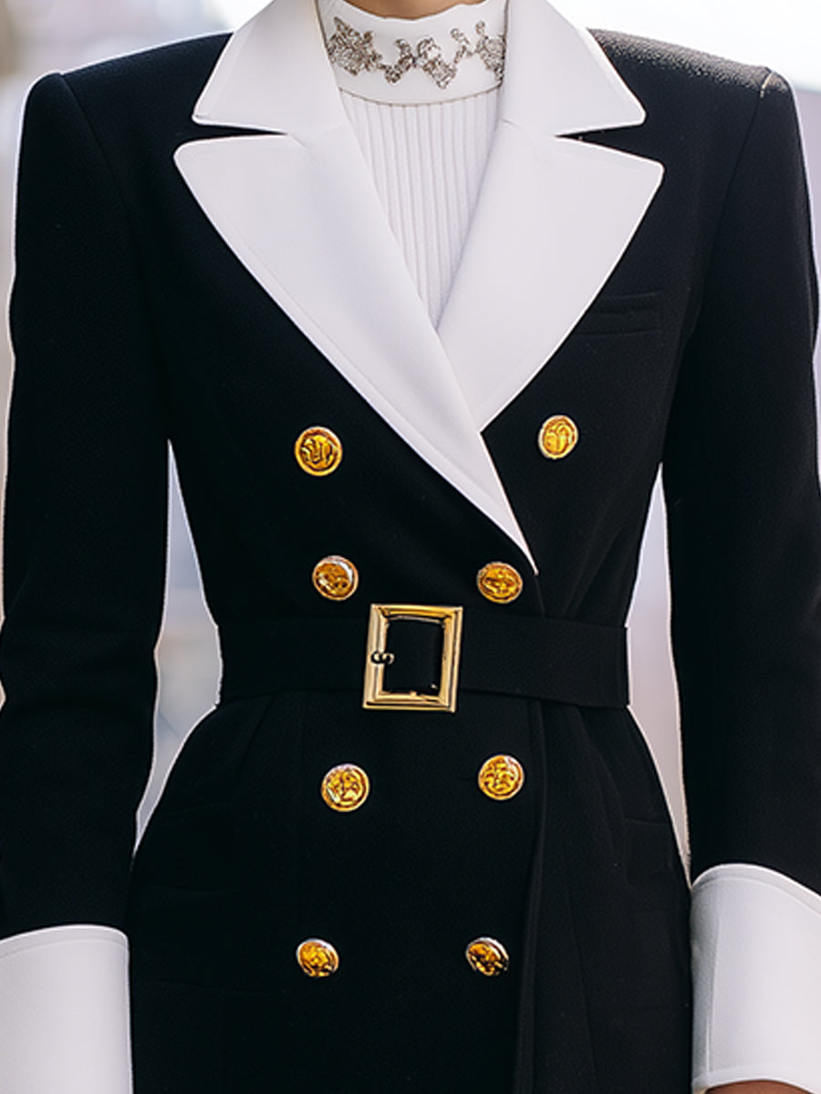 Elegant Black And White Contrast Longline Blazer Coat