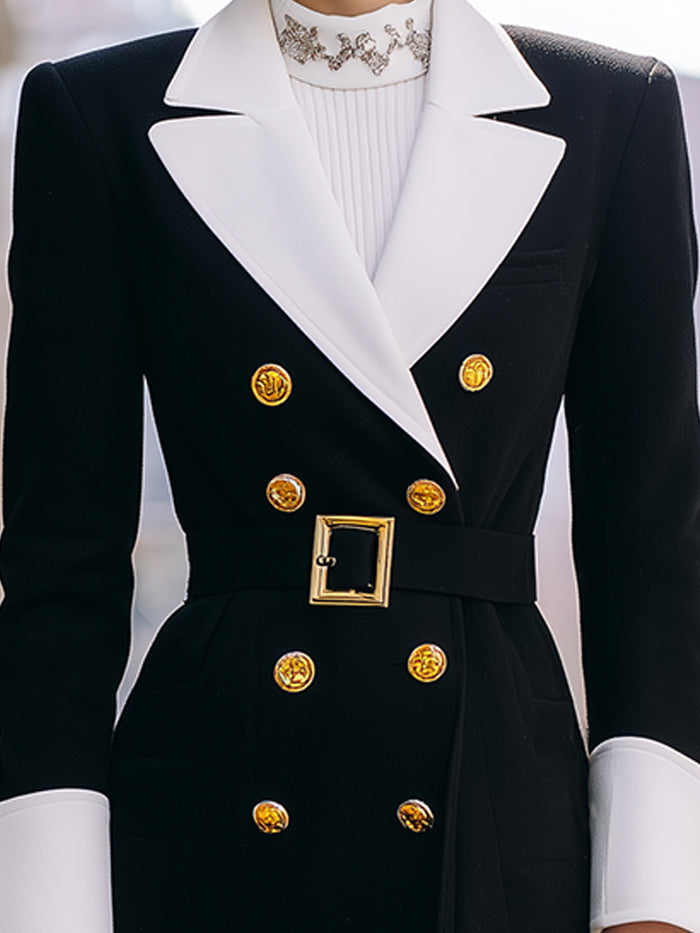 Elegant Black And White Contrast Longline Blazer Coat