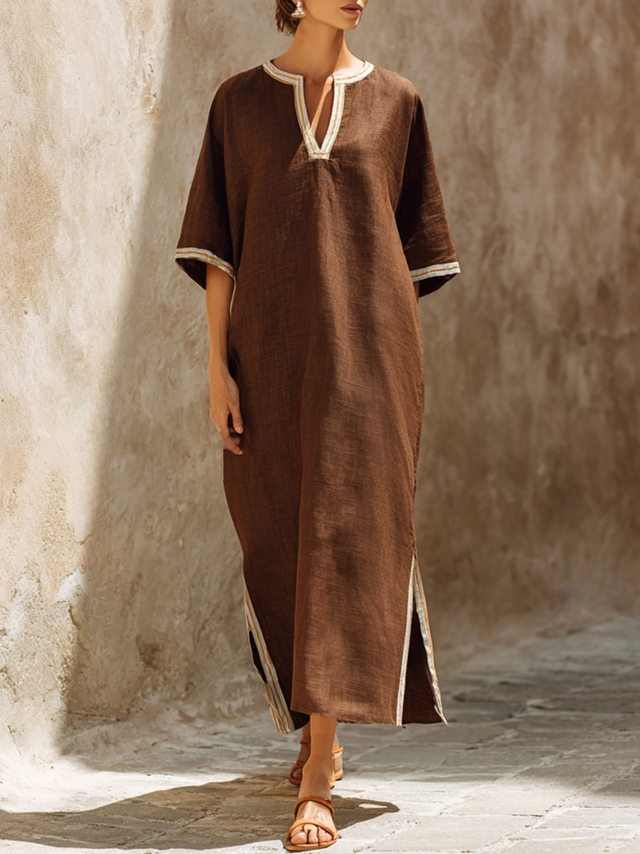 Ethereal Earth-Tone Linen-blend V-Neck Maxi Dress
