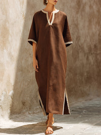 Ethereal Earth-Tone Linen-blend V-Neck Maxi Dress