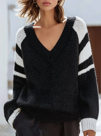 Contrast-Stripe Chunky Knit V-Neck Sweater