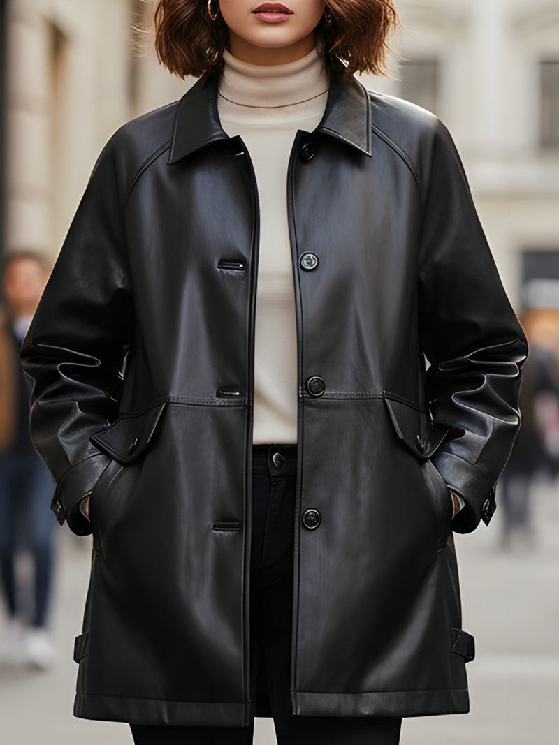 Black Faux Leather Button-Front Coat