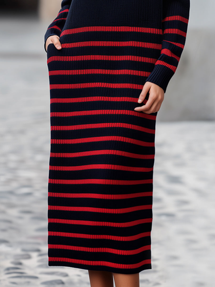 Navy & Red Striped Turtleneck Knit Midi Dress