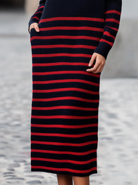 Navy & Red Striped Turtleneck Knit Midi Dress