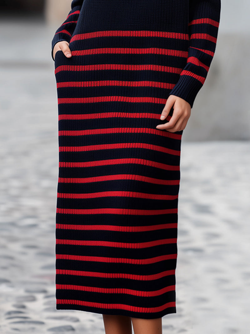 Navy & Red Striped Turtleneck Knit Midi Dress